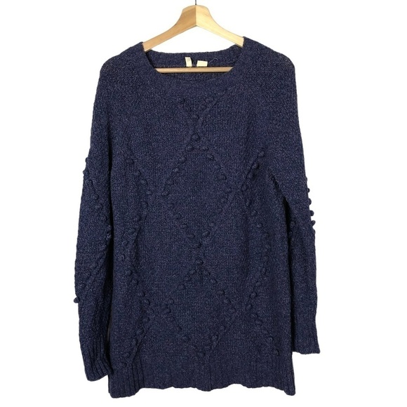 Anthropologie Moth Dark Blue Diamond Knit Pom Pom Wool Sweater S - Picture 1 of 3